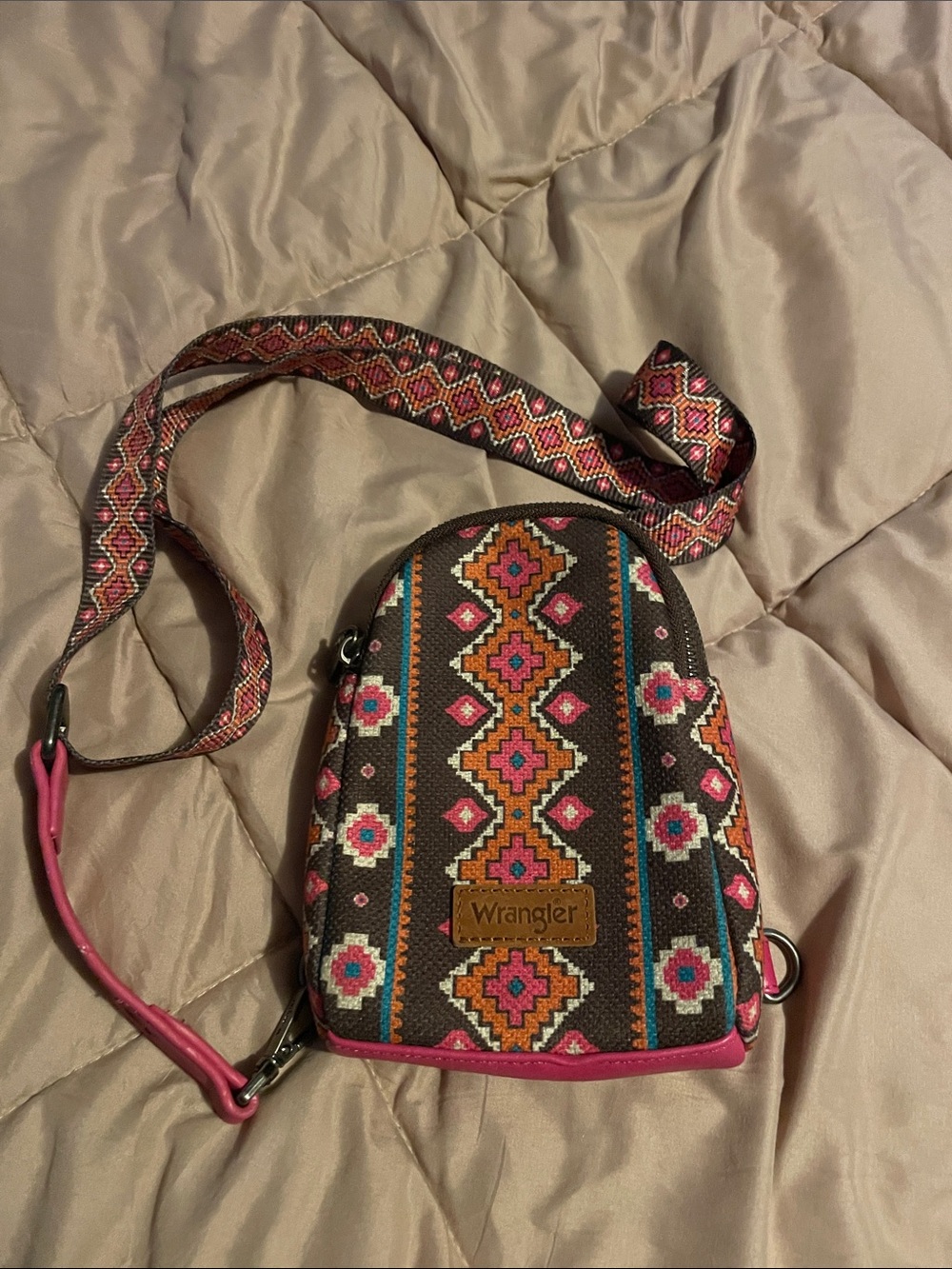 Wrangler Brown Crossbody with Pink & Orange Aztec Pattern